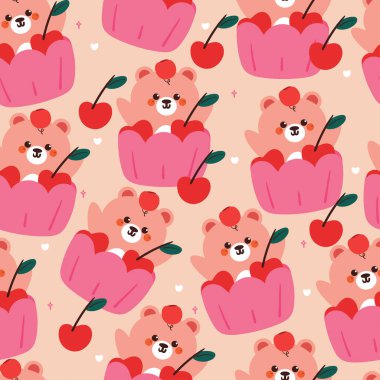 Kek bardağının içinde kusursuz desenli çizgi film ayısı. Kumaş baskısı için sevimli duvar kağıdı, hediye paketi kağıdı