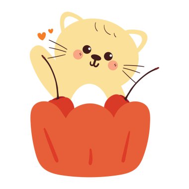 Kek bardağının içinde sevimli çizgi film kedisi. Sevimli hayvan çizimi, karalama, çıkartma