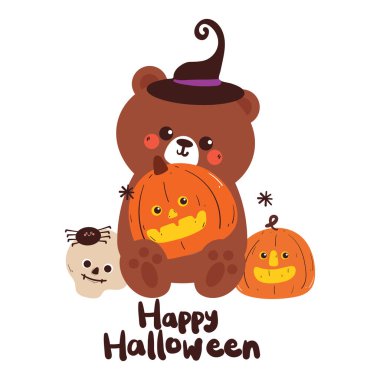 Cadılar bayramı için içinde çizgi film ayısı olan şirin bir kart. Güzel cadılar bayramı duvar kâğıdı ve kartı