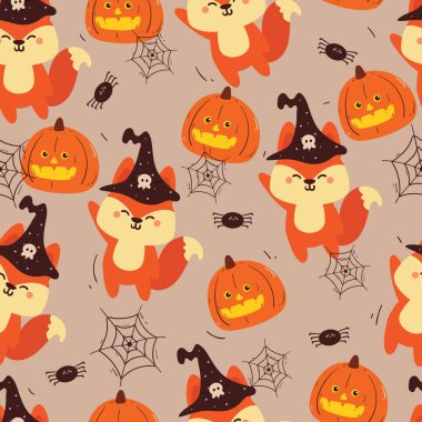 Kusursuz desenli cadılar bayramı titreşimli tilki çizgi filmi. Kumaş baskısı için şirin cadılar bayramı duvar kağıdı, hediye paketi kağıdı