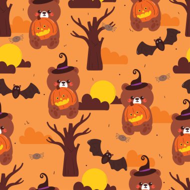 Cadılar bayramı titreşimli kusursuz desenli çizgi film ayısı. Kumaş baskısı için şirin cadılar bayramı duvar kağıdı, hediye paketi kağıdı