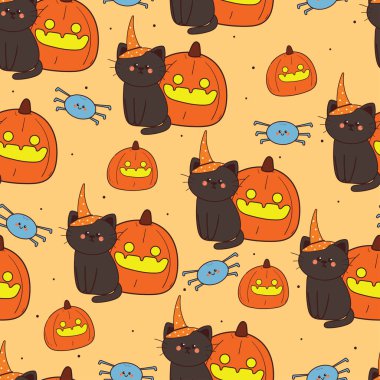 Cadılar bayramı titreşimli kusursuz çizgi film kedisi. Kumaş baskısı için şirin cadılar bayramı duvar kağıdı, hediye paketi kağıdı