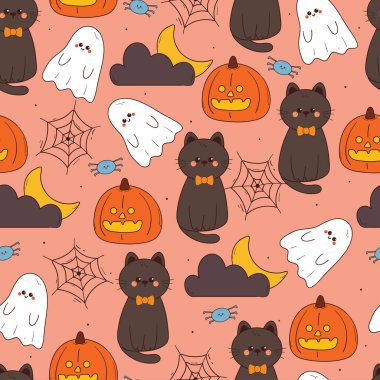 Cadılar bayramı titreşimli kusursuz çizgi film kedisi. Kumaş baskısı için şirin cadılar bayramı duvar kağıdı, hediye paketi kağıdı