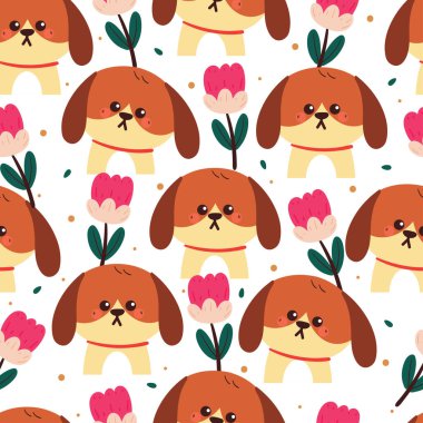 Çiçek ve bitkiyle kusursuz desenli çizgi film köpeği. Kumaş baskısı için sevimli duvar kağıdı, hediye paketi kağıdı