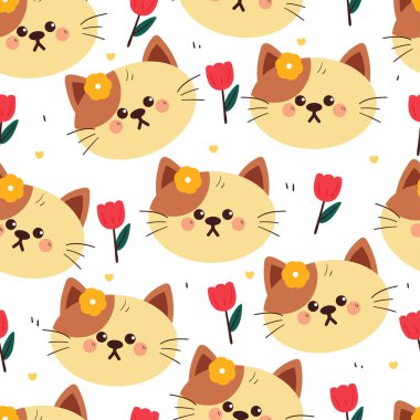 seamless pattern cartoon cat with flowers. cute animal wallpaper for fabric print, gift wrap paper clipart