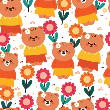 Çiçekli kusursuz desenli çizgi film ayısı. Kumaş baskısı için sevimli duvar kağıdı, hediye paketi kağıdı