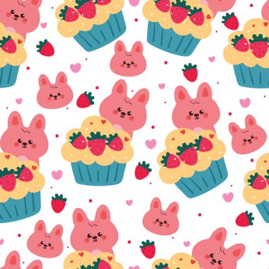 Kekli kusursuz çizgi film tavşanı. Kumaş baskısı için sevimli duvar kağıdı, hediye paketi kağıdı