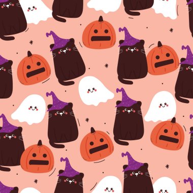 Kusursuz şekilli çizgi film kedisi, hayalet ve balkabağı cadılar bayramı. Kumaş baskısı için şirin cadılar bayramı duvar kağıdı, hediye paketi kağıdı