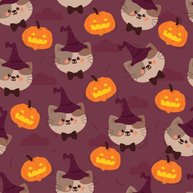 Kusursuz şekilli çizgi film kedisi, hayalet ve balkabağı cadılar bayramı. Kumaş baskısı için şirin cadılar bayramı duvar kağıdı, hediye paketi kağıdı