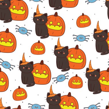 Cadılar bayramı titreşimli kusursuz çizgi film kedisi. Kumaş baskısı için şirin cadılar bayramı duvar kağıdı, hediye paketi kağıdı