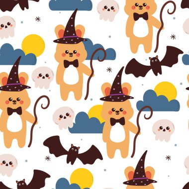 Cadılar Bayramı titreşimli kusursuz desenli çizgi film tavşanı. Kumaş baskısı için şirin cadılar bayramı duvar kağıdı, hediye paketi kağıdı