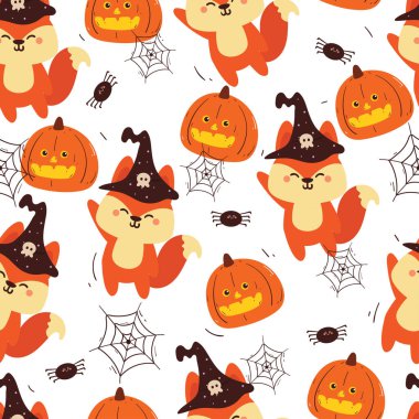 Kusursuz desenli cadılar bayramı titreşimli tilki çizgi filmi. Kumaş baskısı için şirin cadılar bayramı duvar kağıdı, hediye paketi kağıdı