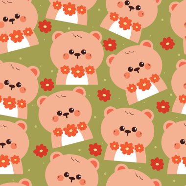 Çiçek kolyeli kusursuz çizgi film ayısı. Tekstil için sevimli hayvan duvar kağıdı, hediye paketi kağıdı