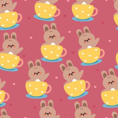 Kusursuz desenli çizgi film tavşanı bir bardağın içinde. Kumaş baskısı için sevimli hayvan duvar kağıdı, hediye paketi kağıdı