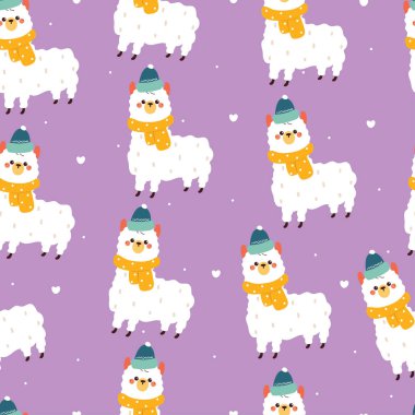 Kışın kusursuz çizgi film Lama 'sı. Kumaş baskısı için sevimli hayvan duvar kağıdı, hediye paketi kağıdı