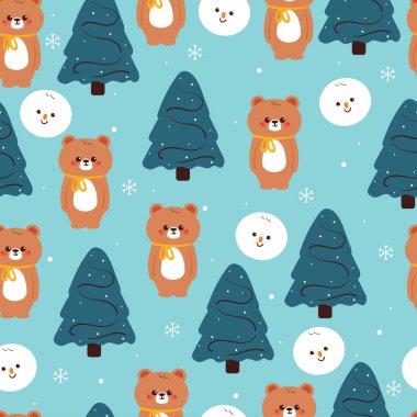 Kış gününde kusursuz desenli çizgi film ayısı. Kumaş baskısı için sevimli hayvan duvar kağıdı, hediye paketi kağıdı