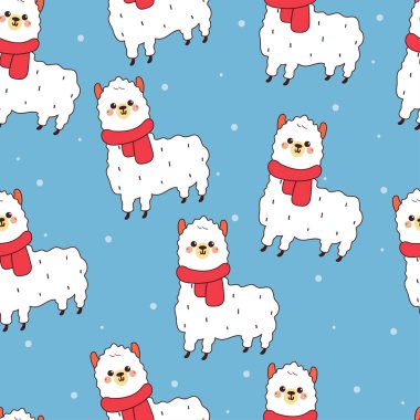 Kışın kusursuz çizgi film Lama 'sı. Kumaş baskısı için sevimli hayvan duvar kağıdı, hediye paketi kağıdı