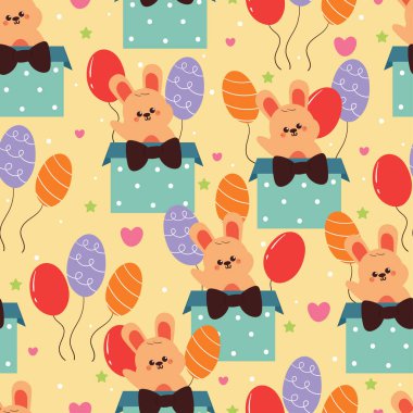 Balonla dolu bir kutunun içinde kusursuz desenli çizgi film tavşanı. Kumaş baskısı için sevimli hayvan duvar kağıdı, hediye paketi kağıdı