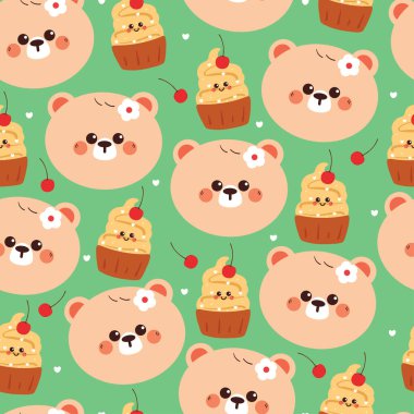 Kirazlı kek ile kusursuz desenli çizgi film ayısı. sevimli hayvan ve tatlı duvar kağıdı kumaş baskısı, hediye paketi kağıdı