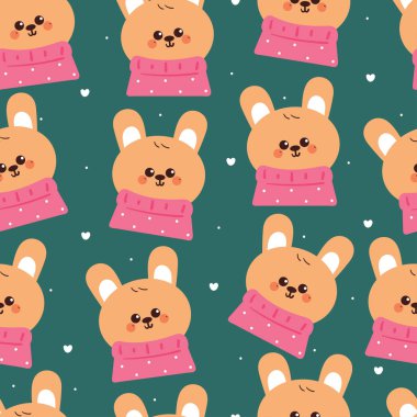 Kışın kusursuz çizgi film tavşanı. Kumaş baskısı için sevimli hayvan duvar kağıdı, hediye paketi kağıdı