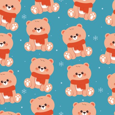 Kırmızı eşarp takan kusursuz çizgi film ayısı. Kumaş baskısı için sevimli kış duvar kağıdı, hediye paketi kağıdı