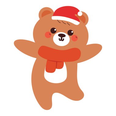 Kış günü atkı ve şapka takan sevimli çizgi film ayısı. Sevimli hayvan çizimi, karalama, Noel çıkartması, Noel simgesi