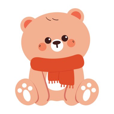 Kırmızı eşarp takan sevimli el çizimi ayı. Kış çıkartması için sevimli ayı çizimi, kış hayvanı