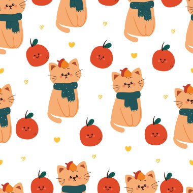 seamless pattern cartoon cat wearing green scarf with orange. cute animal wallpaper for fabric print, gift wrap paper clipart