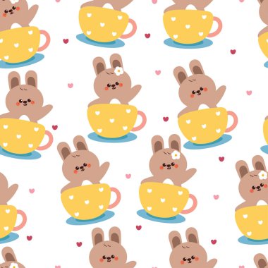 Kusursuz desenli çizgi film tavşanı bir bardağın içinde. Kumaş baskısı için sevimli hayvan duvar kağıdı, hediye paketi kağıdı