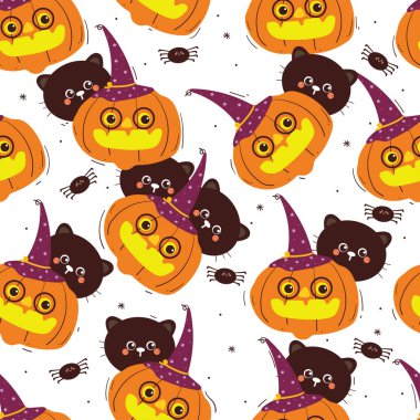 Kusursuz şekilli çizgi film kedisi, hayalet ve balkabağı cadılar bayramı. Kumaş baskısı için şirin cadılar bayramı duvar kağıdı, hediye paketi kağıdı
