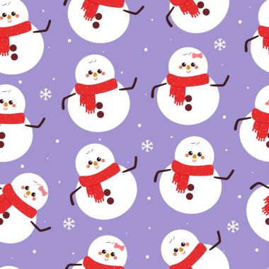 Kış günü kusursuz çizgi film karakteri kardan adam. Kumaş baskısı için sevimli kış duvar kağıdı, hediye paketi kağıdı