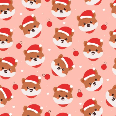 Kusursuz desenli karikatür köpek yavrusu ve noel şeyleri. Kumaş baskısı için şirin noel duvar kağıdı, hediye paketi kağıdı