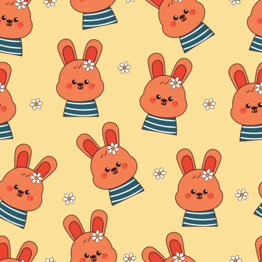 Kusursuz desenli çizgi film tavşanı. Kumaş baskısı için sevimli hayvan duvar kağıdı, hediye paketi kağıdı