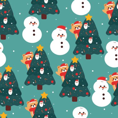 seamless pattern cartoon bear with christmas tree. cute christmas and winter wallpaper for fabric print, gift wrap paper