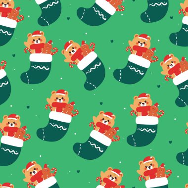 seamless pattern cartoon bear and gingerbread inside a sock. Cute christmas and winter wallpaper for fabric print, gift wrap paper clipart