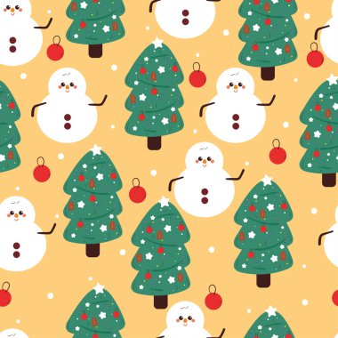 Kusursuz desenli kardan adam çizgi filmi ve kış günü Noel ağacı. Kumaş baskısı için sevimli kış duvar kağıdı, hediye paketi kağıdı