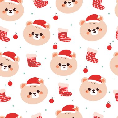 Çorapları ve Noel Baba şapkası olan kusursuz desenli çizgi film ayısı. Güzel noeller ve kumaş baskısı için kış duvar kağıtları, hediye paketi kağıtları.