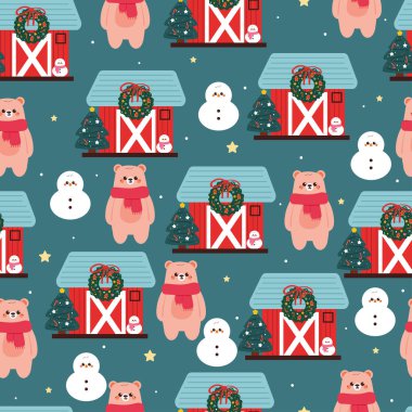 seamless pattern cartoon bear with house, christmas vibes and winter stuff. cute christmas and winter wallpaper for fabric print, gift wrap paper clipart