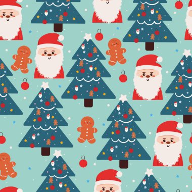 seamless pattern cartoon santa claus with gingerbread and christmas tree. cute christmas wallpaper for fabric print, gift wrap paper clipart