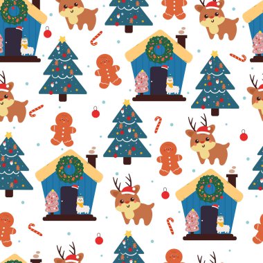 seamless pattern cartoon deer with house in winter day. cute christmas wallpaper for fabric print, gift wrap paper clipart