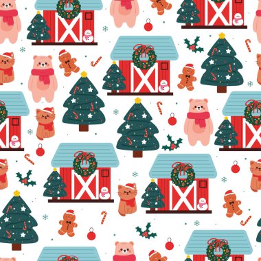 seamless pattern cartoon bear with house, christmas vibes and winter stuff. cute christmas and winter wallpaper for fabric print, gift wrap paper clipart