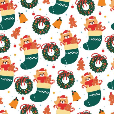 Çorap ve Noel çelengi içinde kusursuz desenli çizgi film ayısı ve zencefilli ekmek. Güzel noeller ve kumaş baskısı için kış duvar kağıtları, hediye paketi kağıtları.