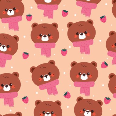 Pembe eşarp ve çilek takan kusursuz desenli çizgi film ayısı. Kış arkaplanı için sevimli hayvan duvar kâğıdı, hediye paketi kağıdı