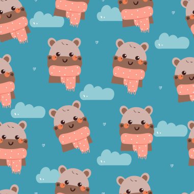 Pembe eşarp takan kusursuz çizgi film hipopotamları. Kış arkaplanı için sevimli hayvan duvar kağıdı, desen