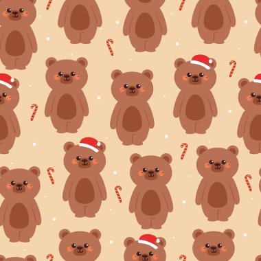 Noel Baba şapkalı kusursuz desenli çizgi film ayısı. Güzel noeller ve kumaş baskısı için kış duvar kağıtları, hediye paketi kağıtları.