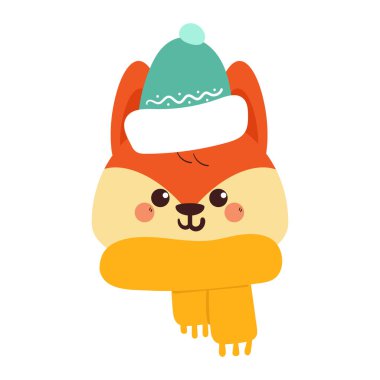 Bereli ve eşarplı el çizimi tilkisi. Kış çıkartması için sevimli hayvan karalaması, simge