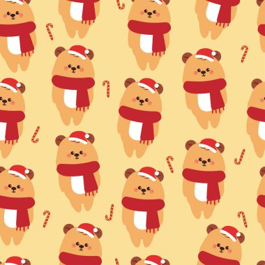 seamless pattern cartoon bear wearing red scarf. cute christmas and winter wallpaper for fabric print, gift wrap paper clipart