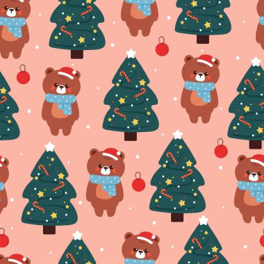 Noel ağacı olan kusursuz desenli çizgi film ayısı. Güzel noeller ve kumaş baskısı için kış duvar kağıtları, hediye paketi kağıtları.
