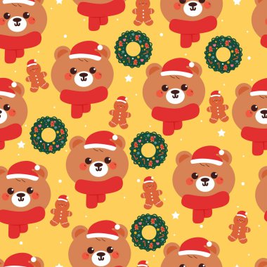 Kusursuz desenli bir çizgi film ayısı ve noel şeyleri. Kumaş baskısı için şirin noel duvar kağıdı, hediye paketi kağıdı