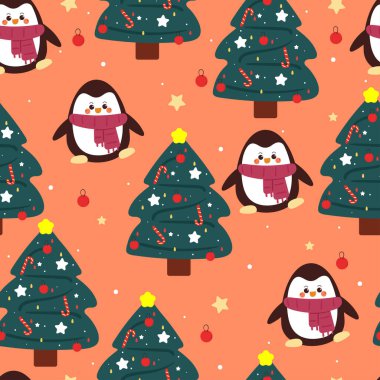 seamless pattern cartoon penguin with christmas tree. cute christmas wallpaper for fabric print, gift wrap paper clipart